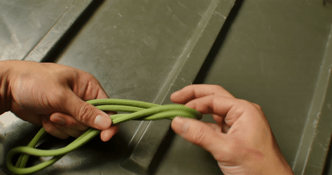 Illustrates the twisting and securing of the loop to complete the figure eight knot.
