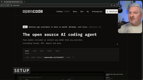 Shows the process of navigating to OpenCode.ai, copying the curl command, and executing it in the terminal.