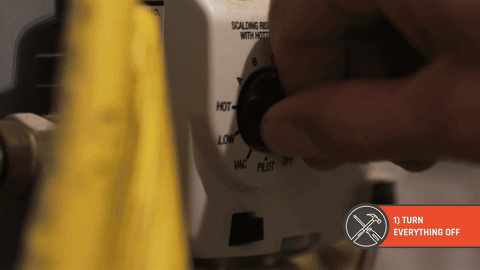Demonstration of turning off the water heater and closing the gas and water valves.