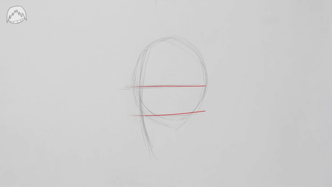 Illustration of placing the ear and drawing the jawline in a 3/4 view.