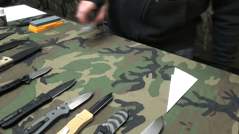 Setting up the stone with the paper to guide the angle.