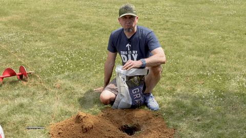 Shows the addition of gravel to the bottom of the hole, explaining its purpose for drainage and leveling.